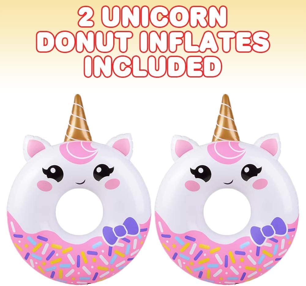 22" Unicorn Donut Tubes, Set of 2, Colorful Inflatable Donut Tubes with Unicorn Design, Unicorn Birthday Party Decoration Supplies, Durable Water Pool Toys for Kids, Party Favors
