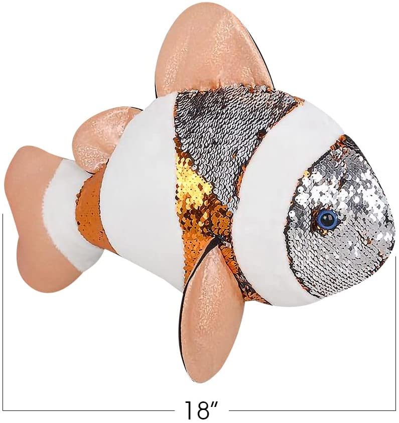 ArtCreativity Flip Sequin Clown Fish Plush Toy, 1 PC, Soft Stuffed Clownfish with Color Changing Sequins, Cute Home and Nursery Animal Decorations, Calming Fidget Toy for Girls and Boys, 18 Inches
