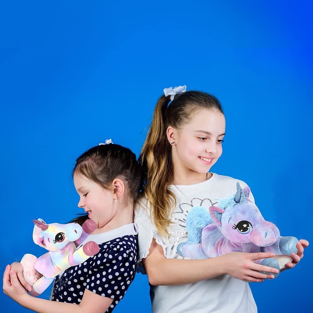 ArtCreativity Plush Lying Unicorn Stuffed Toys, Set of 2, Soft and Cuddly Unicorn Toys for Girls and Boys, Cute Home, Bedroom, and Nursery Decor, Princess Gifts for Kids, 10” Long