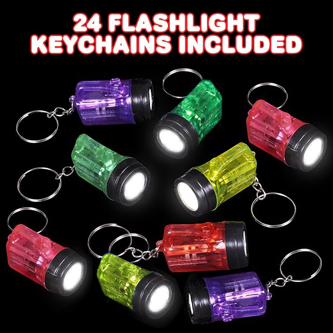 Mini Flashlight Keychains, Pack of 24, LED Key Chains for Kids in Assorted Colors, 1.5" Durable Plastic Keyholders, Birthday Party Favors, Goodie Bag Fillers