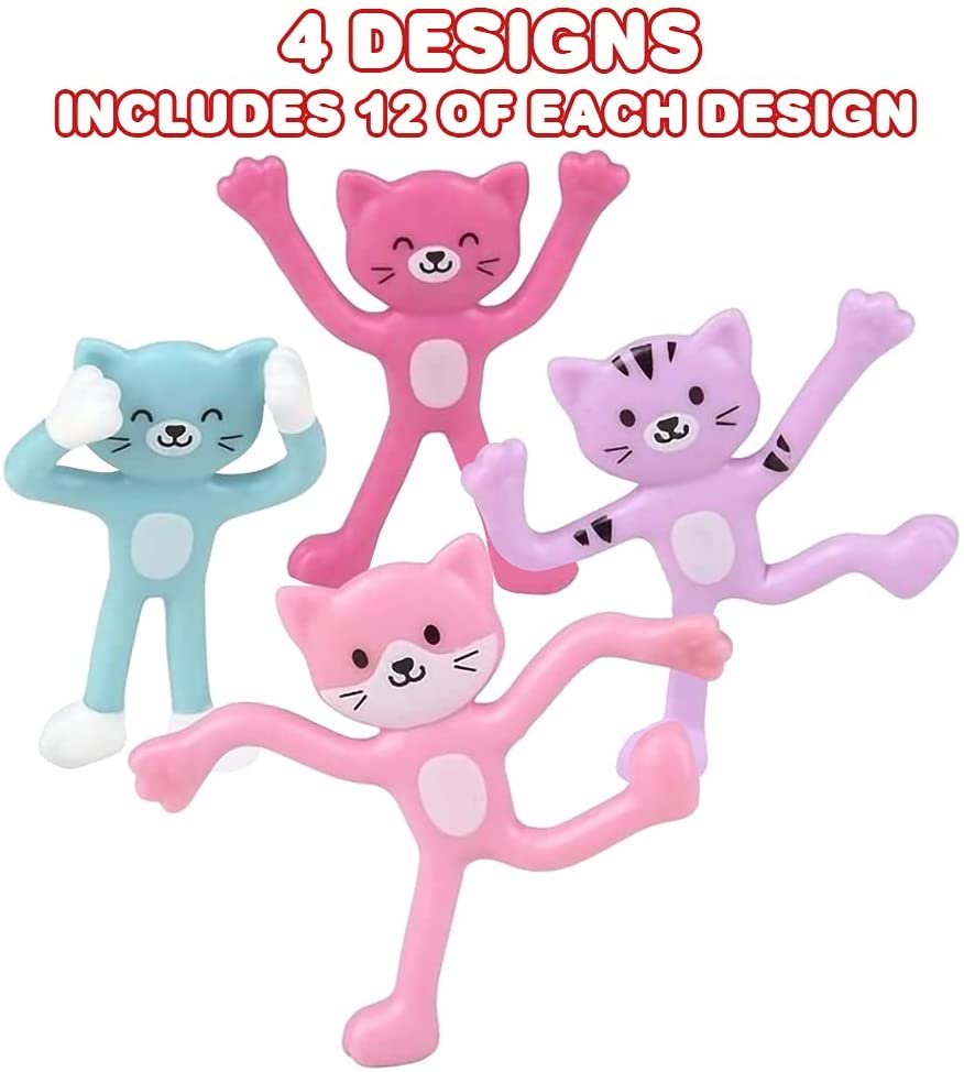 Mini Bendable Cat Assortment, Set of 48 Flexible Figures in Assorted Colors, Birthday Party Favors for Boys & Girls, Stress Relief Fidget Toys, Goody Bag Fillers for Kids