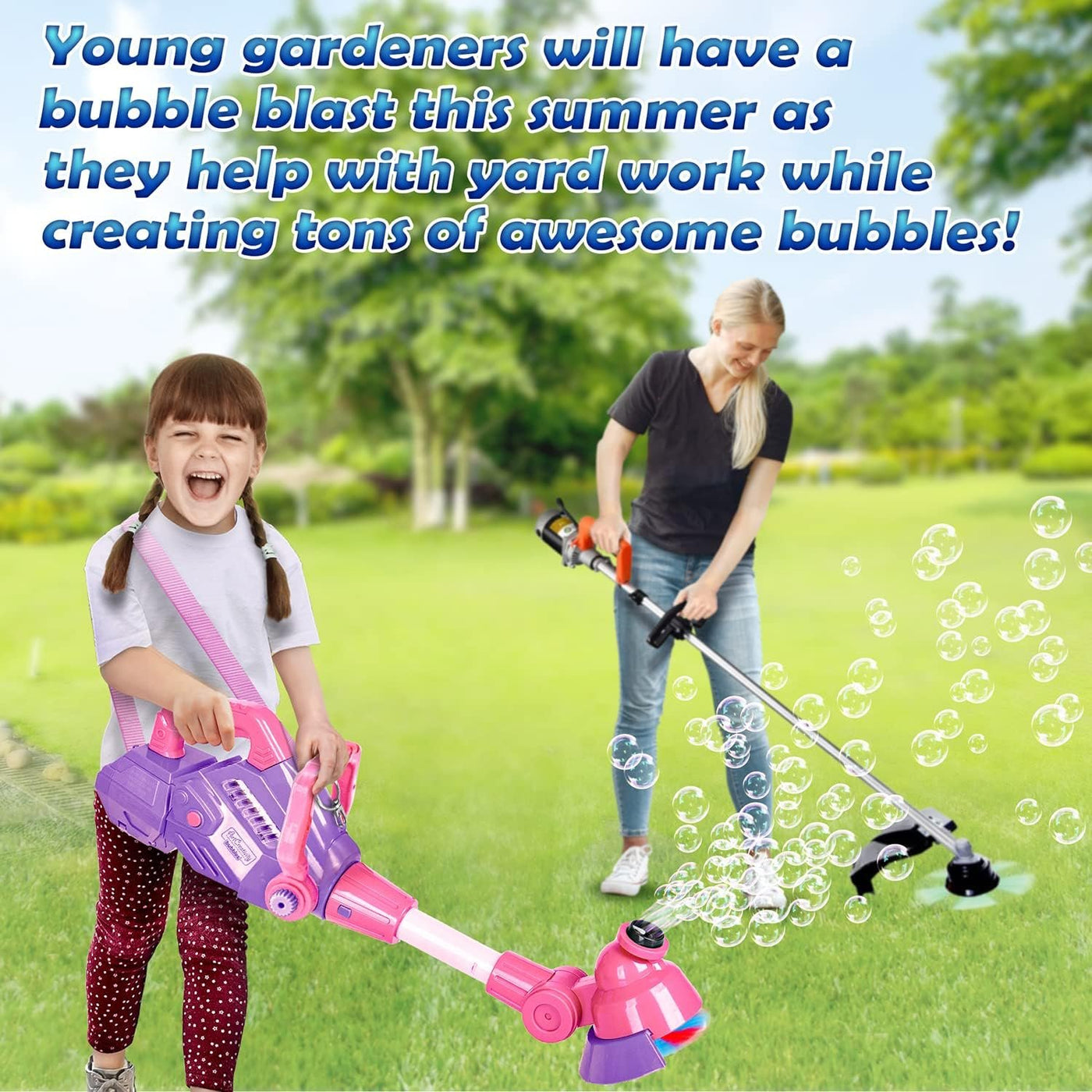 Bubble String Trimmer, Kids Bubble Blower Machine with Bubble Solution Included, Grass Trimmer Toy with Lights & Sounds, Fun Summer Outdoor Toy for Toddlers, Pink&Purple