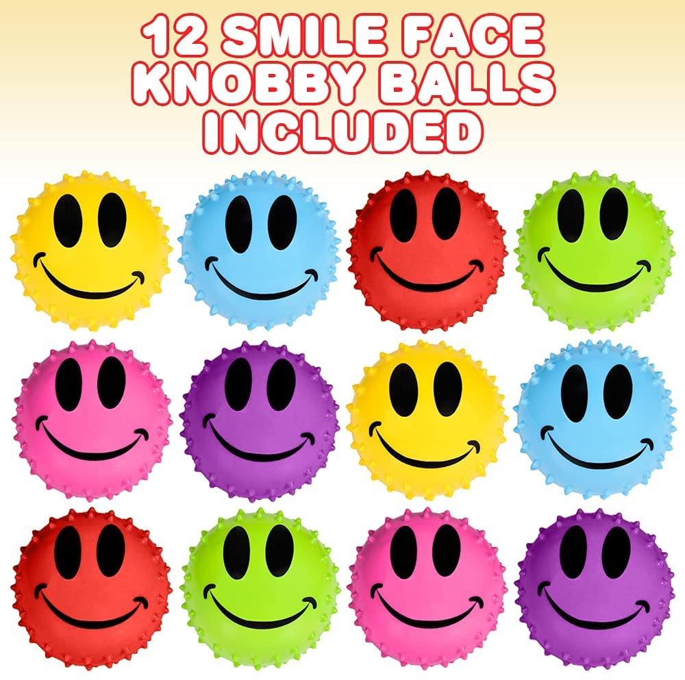Inflated Smile Face Knobby Balls, Set of 12, Fidget Sensory Toys for Kids, 2.5" Spiky Sensory Bouncing Balls in Assorted Colors, Birthday Party Favors, Treasure Box Prizes