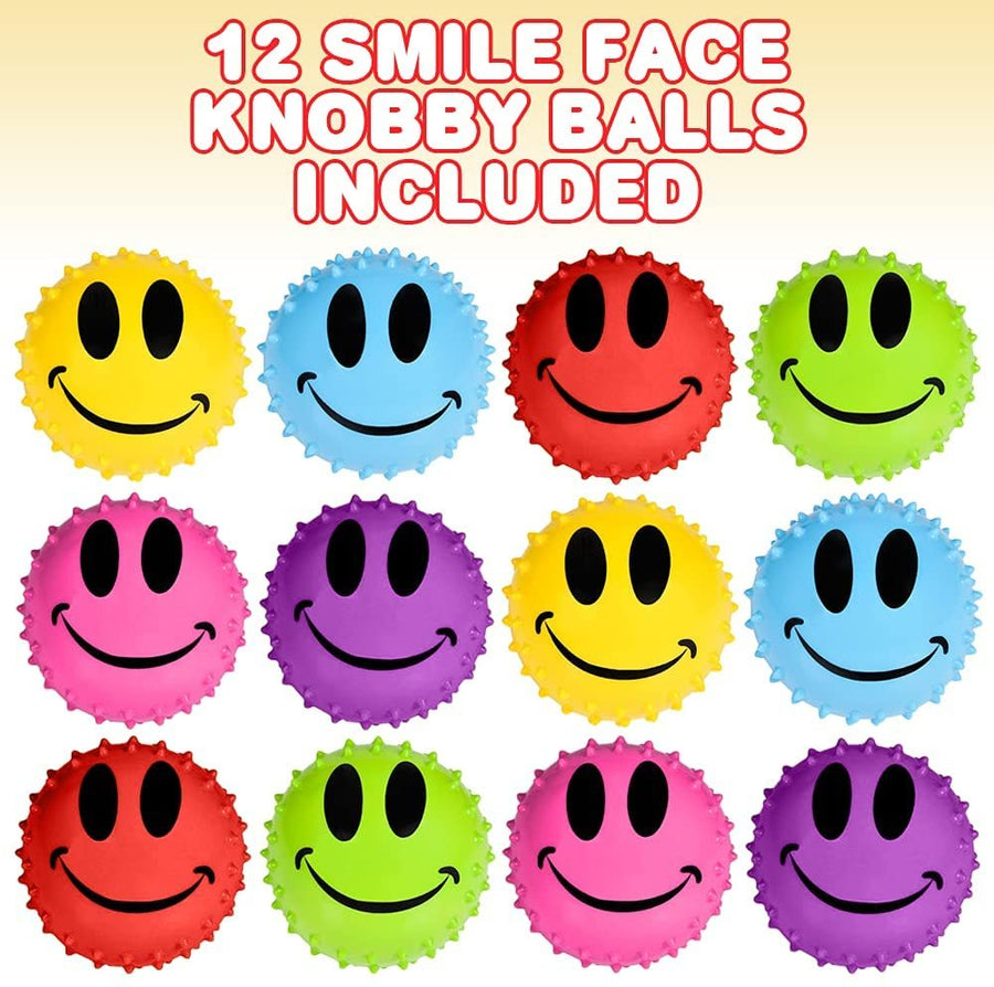 Inflated Smile Face Knobby Balls, Set of 12, Fidget Sensory Toys for Kids, 2.5" Spiky Sensory Bouncing Balls in Assorted Colors, Birthday Party Favors, Treasure Box Prizes