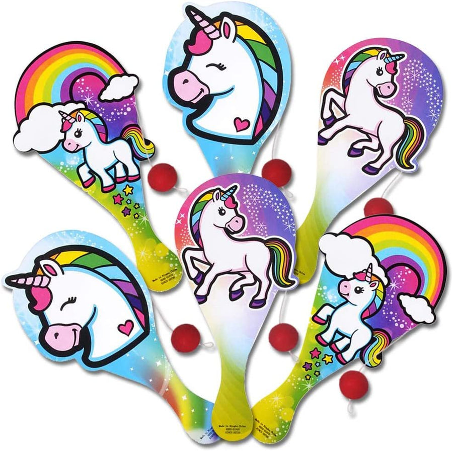 Unicorn Paddle Balls, Pack of 12, Cute 9" Wooden Paddleball with String, Assorted Designs, Great Party Favors, Goodie Bag Fillers, Fun Activity Toys for Kids