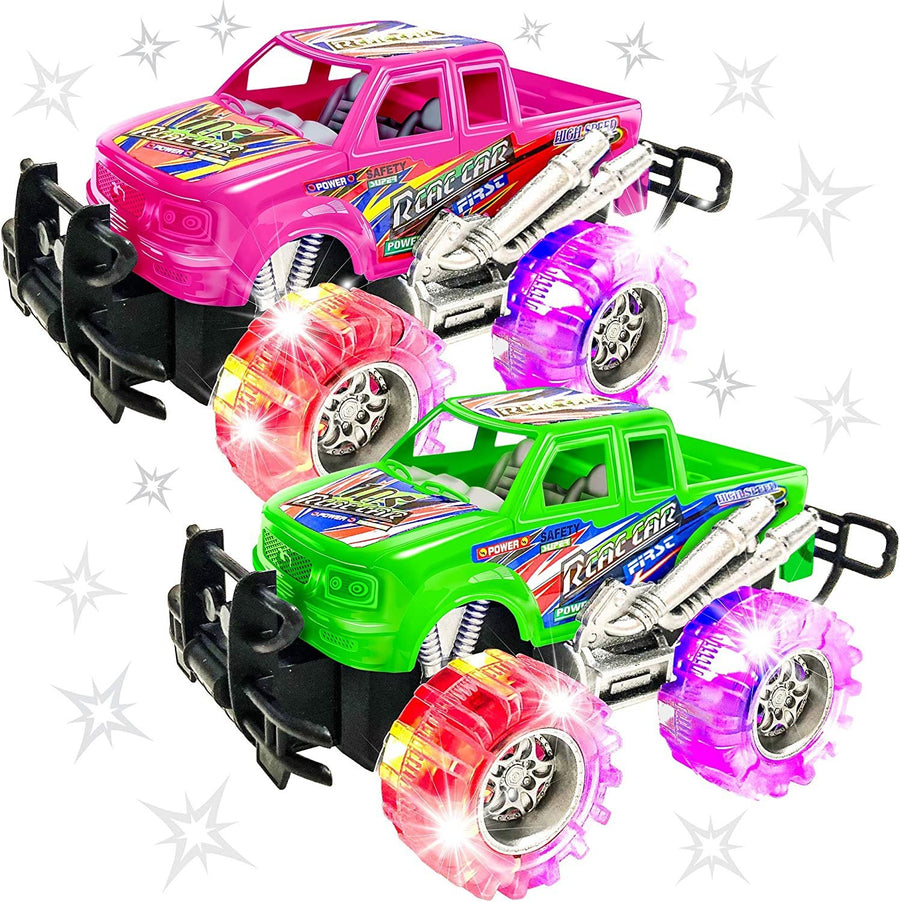 Pink and Green Light Up Monster Truck Set for Boys and Girls, Set Includes 2, 6" Monster Trucks with Beautiful Flashing LED Tires, Push n Go Toy Cars, Best Gift for Kids, for Ages 3+