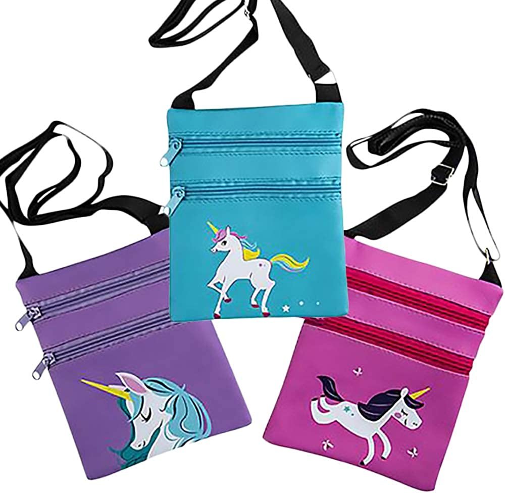 Unicorn Crossbody Bags, Set of 3, Cute Cross Body Purses for Kids and Adults with 2 Zipper Pockets, Adjustable Strap, Great Unicorn Gifts and Party Favors for Girls, Purple, Pink, Blue