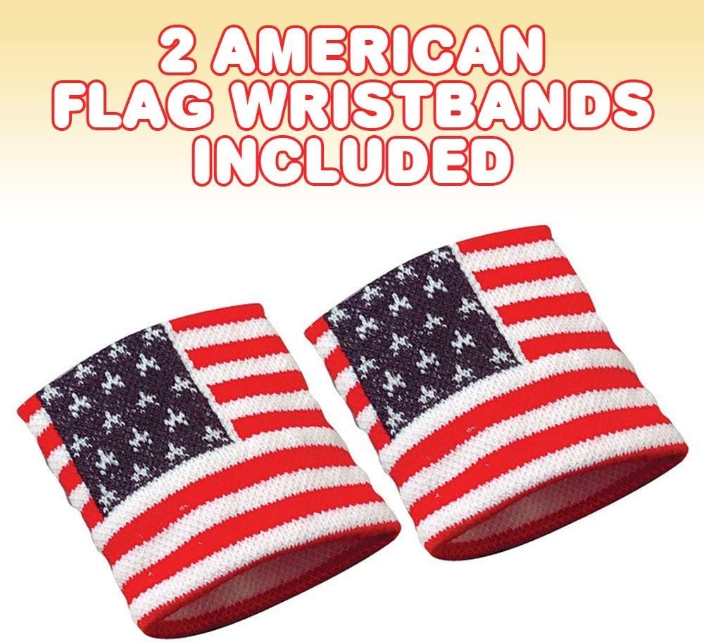 ArtCreativity American Flag Wrist Sweatbands, Set of 2, USA Flag 4th of July Party Favors, Red, White and Blue Wristbands, Patriotic Costume Accessories for Veterans, Memorial, and Independence Day