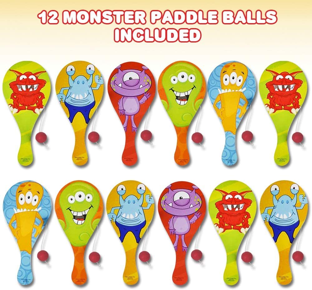 ArtCreativity Monster Figure Paddle Balls, Pack of 12, 9.25 Inch Wooden Paddleball with String, Assorted Bright Colors and Designs, Great Party Favors, Goodie Bag Fillers, Fun Activity for Kids