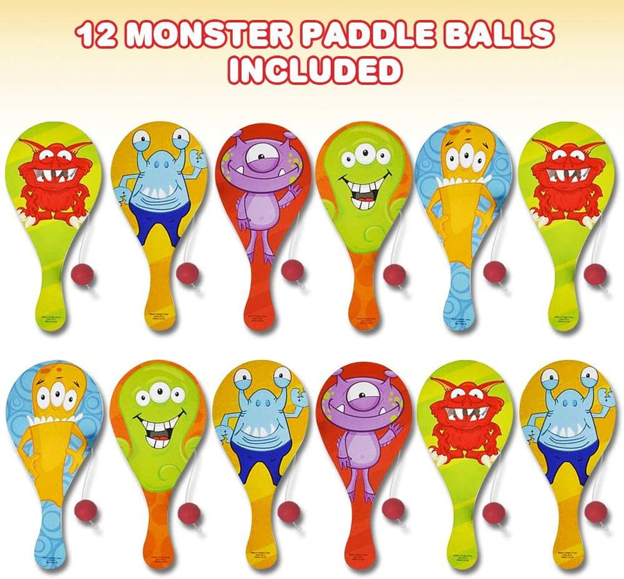 Monster Figure Paddle Balls, Pack of 12, 9.25" Wooden Paddleball with String, Assorted Bright Colors and Designs, Great Party Favors, Goodie Bag Fillers, Fun Activity for Kids