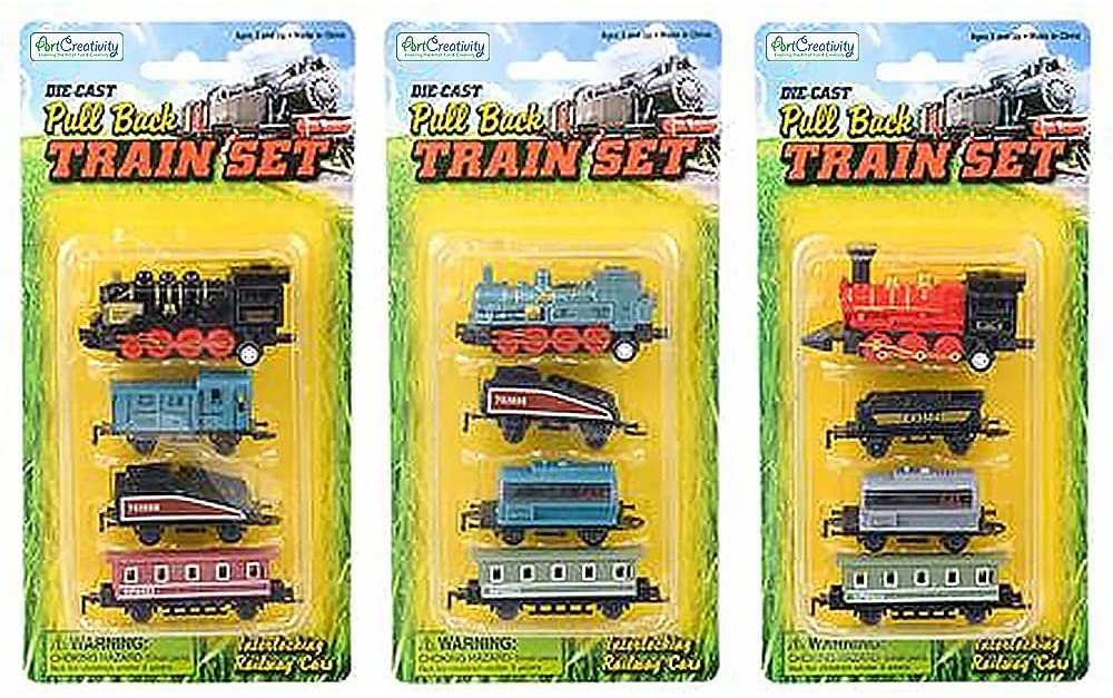 Mini Locomotive Train Playset for Kids, Set of 3, Each Set with 1 Locomotive and 3 Carts, Diecast Train Toy for Boys and Girls with Pullback Motion, Great Birthday Gift