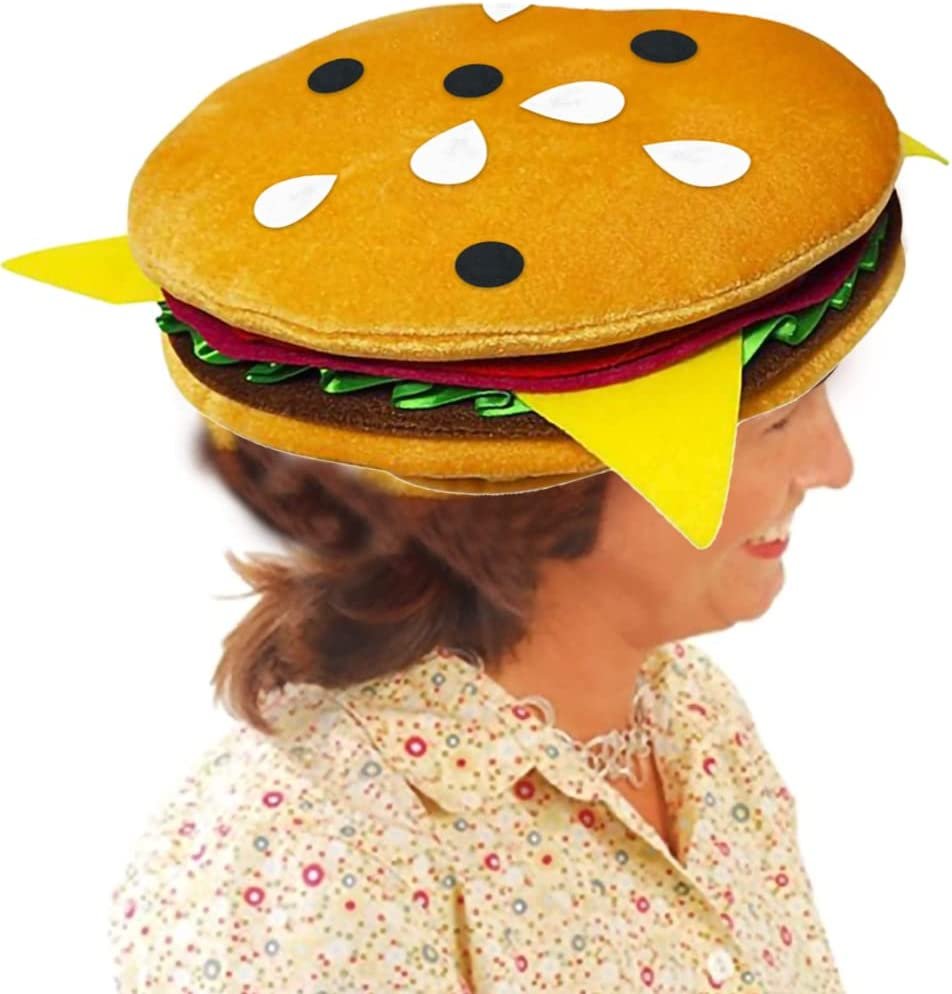 Funny Hamburger Hat, 1 PC, Fun Fast Food Hamburger Hat, Soft Plush Costume Accessory Hat, Pizza Party Supplies Decorations, One Size Fits Most, Crazy Silly Hat for Halloween