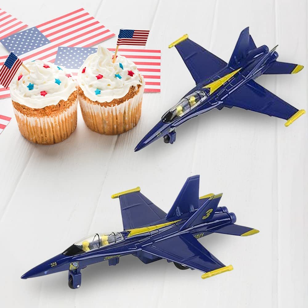 Diecast F-18 Blue Angel Jets with Pullback Mechanism, Set of 2, Diecast Metal Jet Plane Fighter Toys for Boys, Air Force Military Cake Decorations, Aviation Party Favors