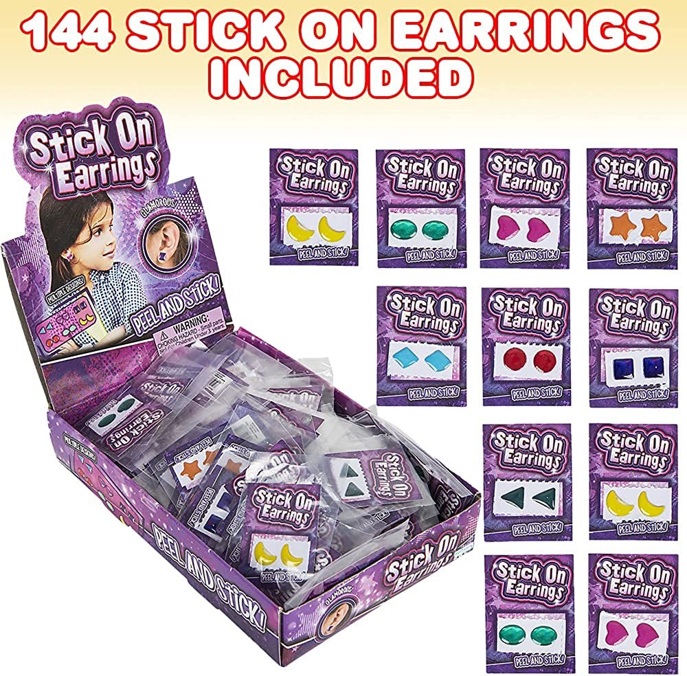 ArtCreativity Stick on Earrings for Girls, Set of 144, Individually Packed 3D Earring Stickers with 8 Different Designs, Dress-Up Accessories and Princess Party Favors for Kids, Goodie Bag Fillers