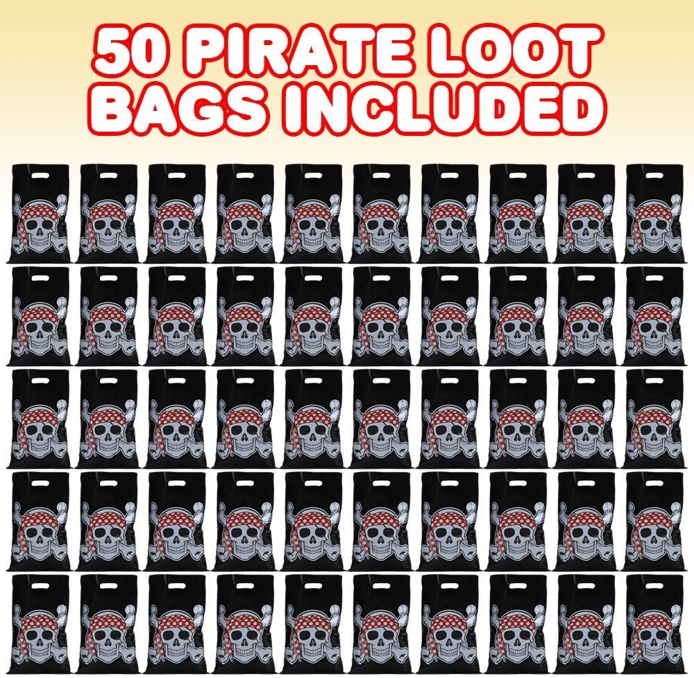 ArtCreativity Pirate Loot Bags, Set of 50, Durable Plastic Pirate Goodie Bags for Candy, Treats, Gifts, Cool Pirate Party Supplies, Birthday Party Favor Goody Bags for Kids, 17 x 11.25 Inches