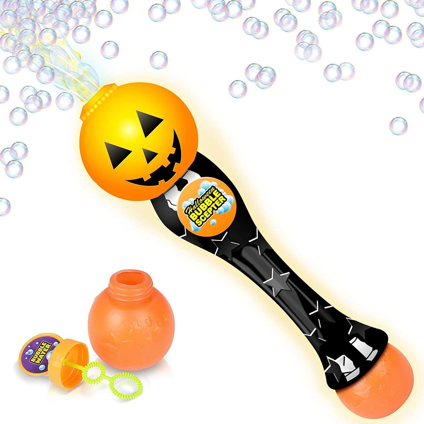 ArtCreativity Light Up Pumpkin Bubble Blower Wand - 13.5 Inch Illuminating Bubble Blower Wand with Thrilling LED Effect for Kids, Bubble Fluid - Batteries Included - Gift Idea, Halloween Party Favor