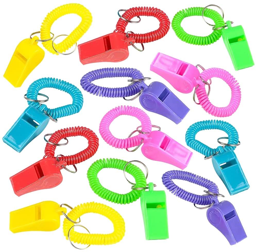 Spiral Whistle Bracelets with Keychain, Set of 12, Kids’ Party Noisemakers, Variety of Colors, Sports Party Favors, School Sports Supplies, Great Party favor, Goody Bag Fillers