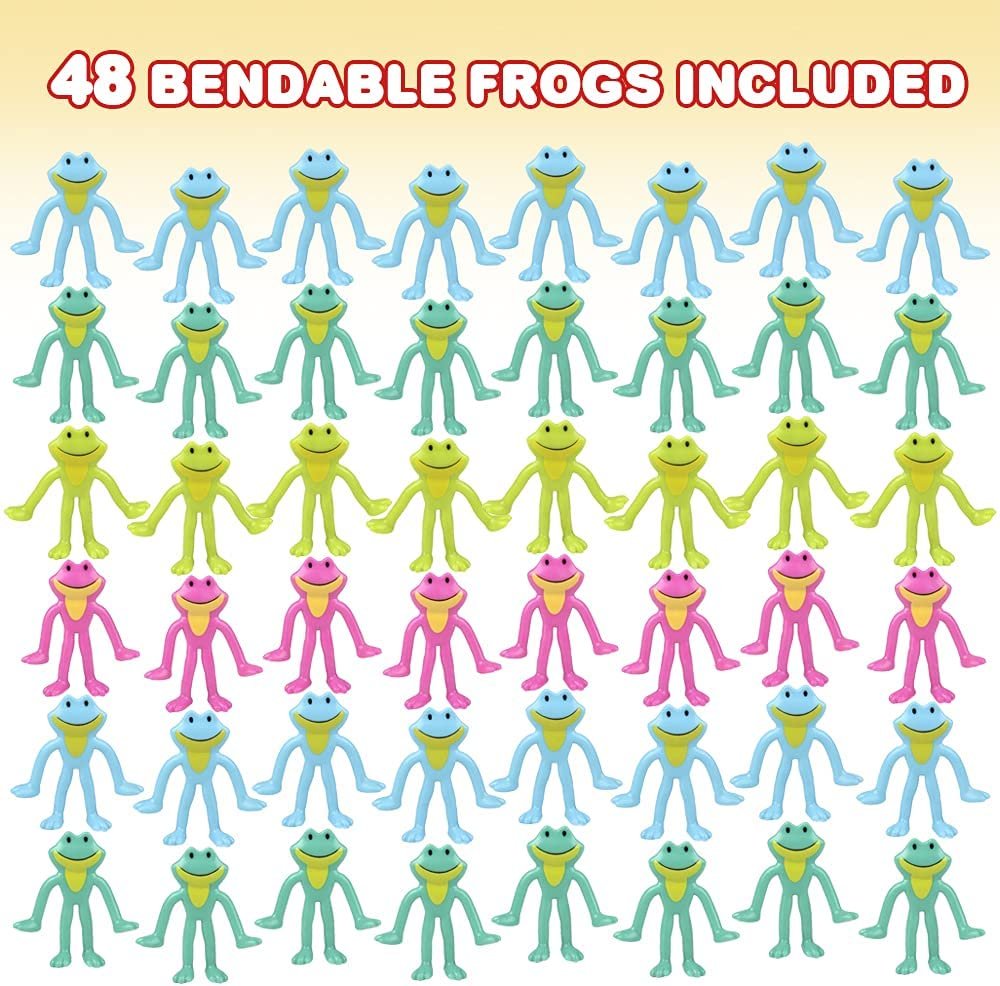 Mini Bendable Frog Assortment, Set of 48 Flexible Figures in Assorted Colors, Birthday Party Favors for Boys & Girls, Stress Relief Fidget Toys, Goody Bag Fillers for Kids