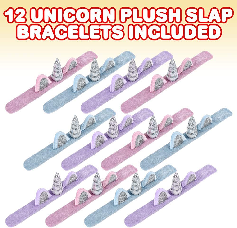 ArtCreativity Plush Unicorn Slap Bracelets for Kids, Set of 12, Cute Slap Bands for Girls with 3D Details, Unicorn Party Favors for Children, Pretty Goodie Bag Fillers, Pink, Purple, and Blue