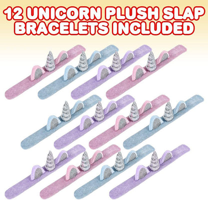 ArtCreativity Plush Unicorn Slap Bracelets for Kids, Set of 12, Cute Slap Bands for Girls with 3D Details, Unicorn Party Favors for Children, Pretty Goodie Bag Fillers, Pink, Purple, and Blue