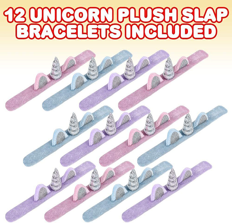 Plush Unicorn Slap Bracelets for Kids, Set of 12, Cute Slap Bands for Girls with 3D Details, Unicorn Party Favors for Children, Pretty Goodie Bag Fillers, Pink, Purple, and Blue