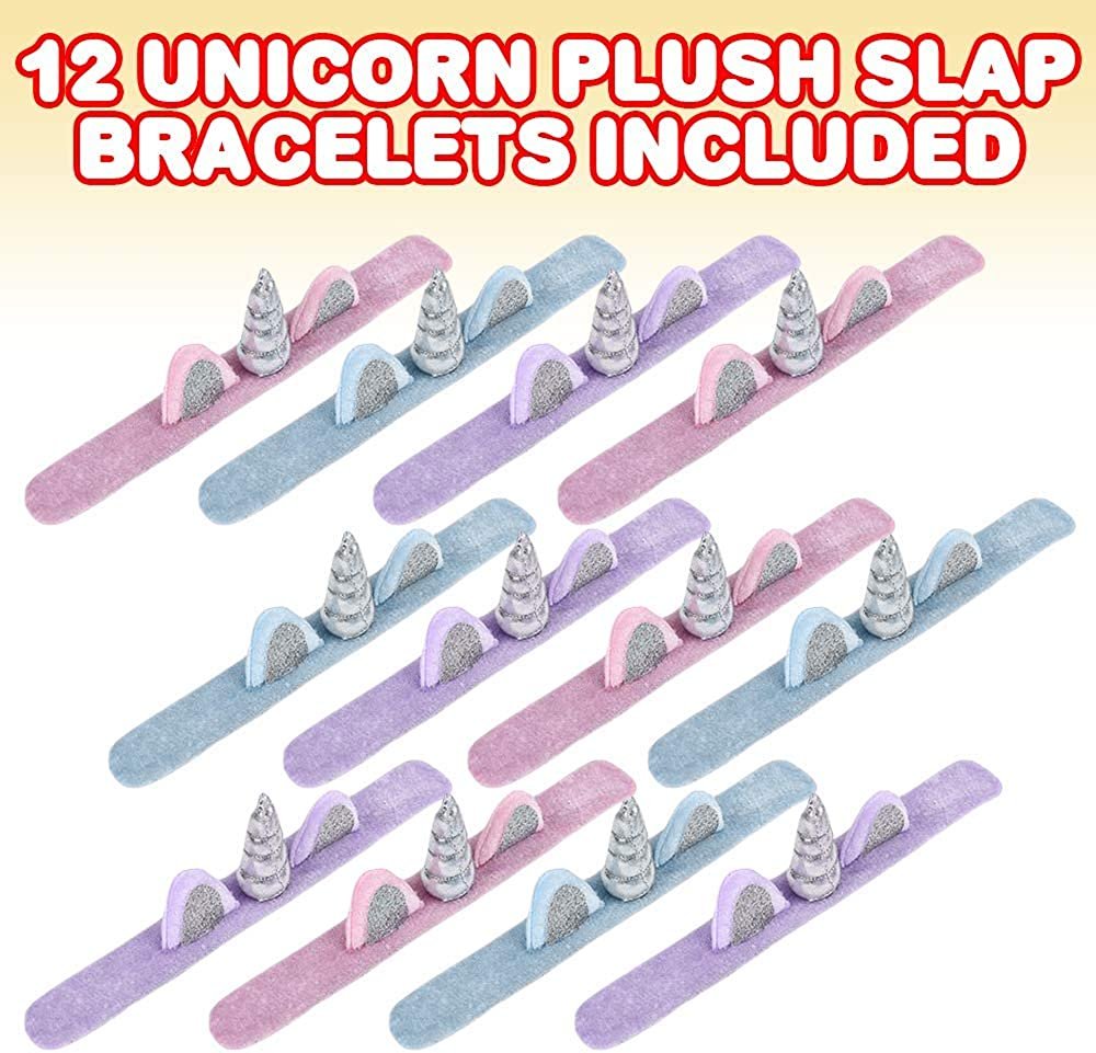 Plush Unicorn Slap Bracelets for Kids, Set of 12, Cute Slap Bands for Girls with 3D Details, Unicorn Party Favors for Children, Pretty Goodie Bag Fillers, Pink, Purple, and Blue