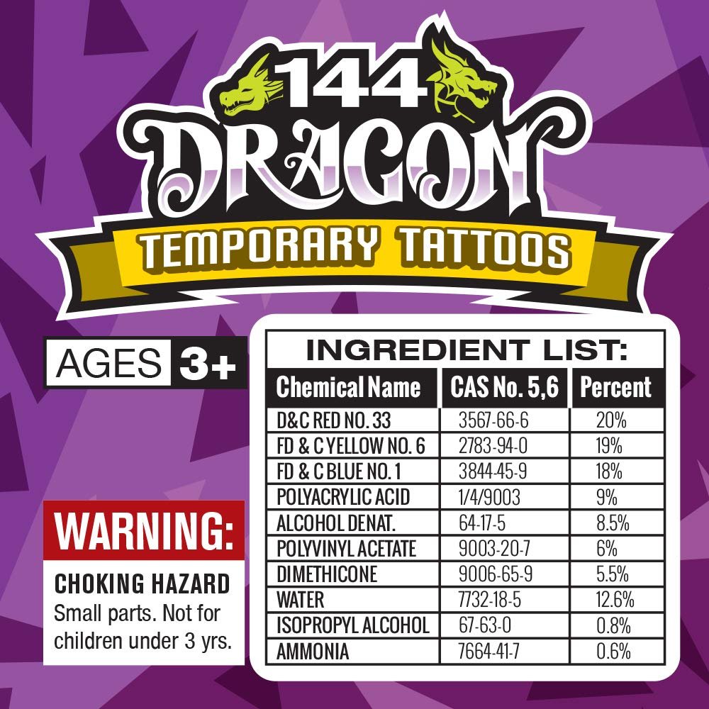 Dragon Temporary Tattoos for Kids - Bulk Pack of 144 Tattoos in Assorted Designs, Non-Toxic 2" Tats, Birthday Party Favors, Goodie Bag Fillers, Non-Candy Halloween Treats