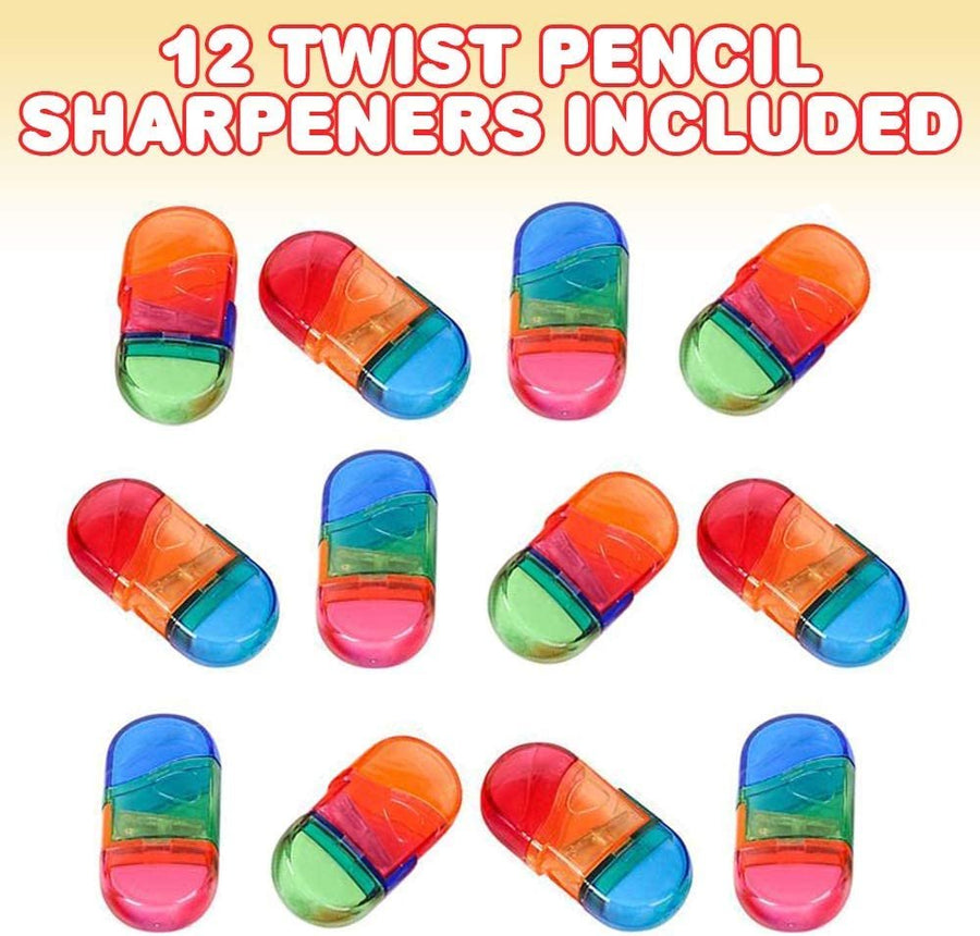 Twist Pencil Sharpeners, Set of 12, Multicolored Sharpeners with Erasers, Fun Stationery Back to School Supplies, Classroom Teacher Rewards, and Birthday Party Favors for Kids