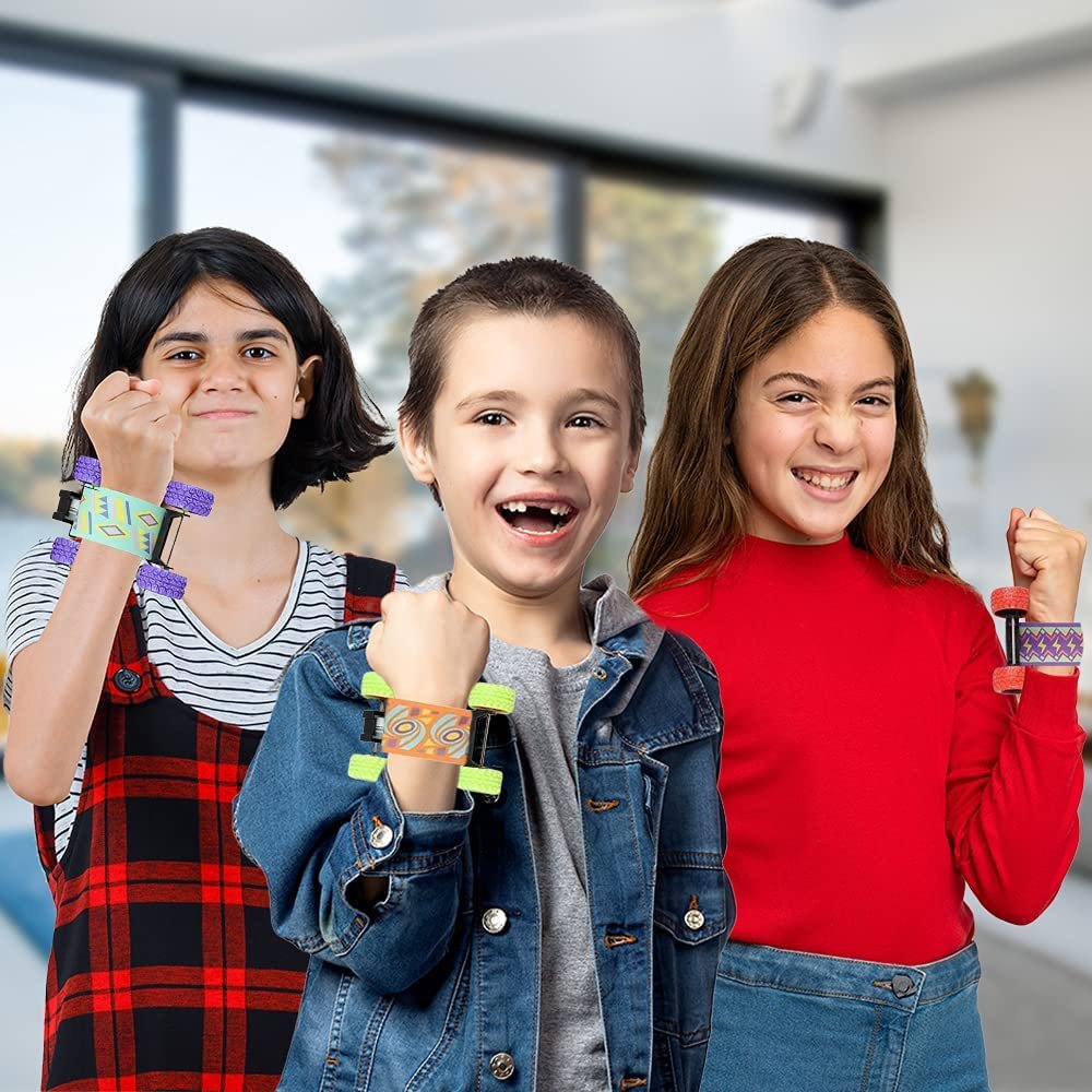 Pull Back Skateboard Slap Bracelets, Set of 4, Skateboard Bracelets for Kids with Pullback Motion, Wristbands for Children in 4 Different Designs, Sports and Skate Board Party Favors