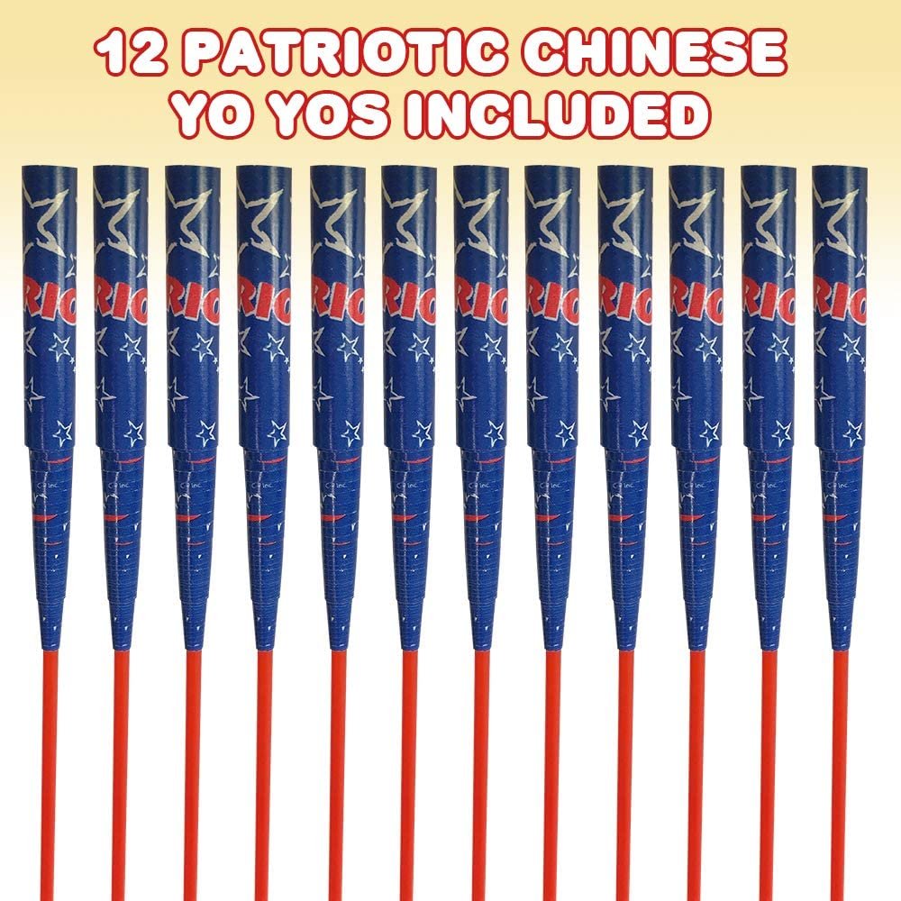 Mini Patriotic Chinese Paper Yoyos, Set of 12, July 4th Party Favors for Kids, Red, White, and Blue Toys with Stars and Stripes, Giveaways for Independence, Memorial, and Veterans Day