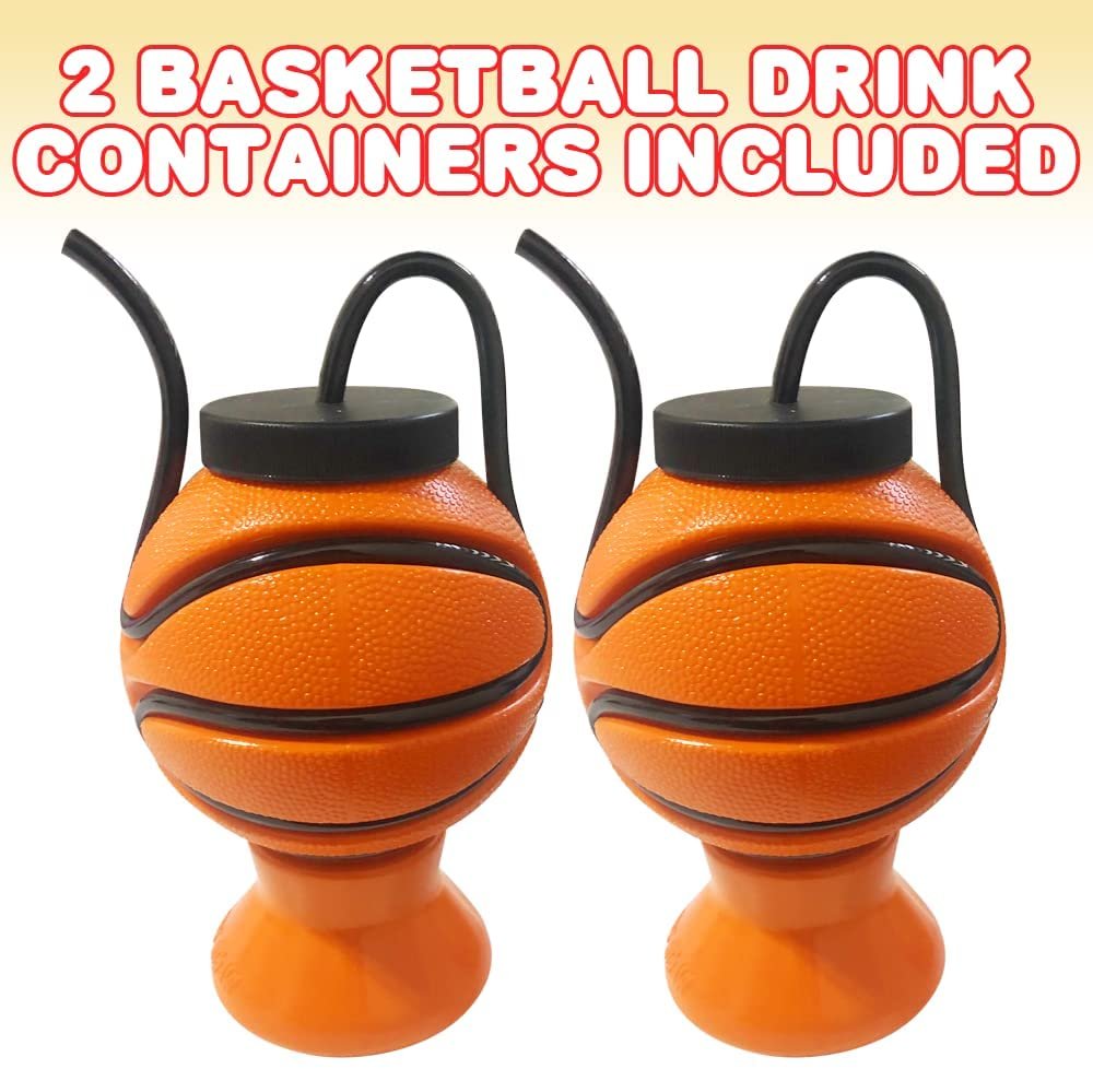 Basketball Water Bottles with Straws, Set of 2, Basketball Sports Water Bottle for Kids with Wrap-Around Straws, Basketball Party Favors and Gifts, Unique Basketball Party Decorations