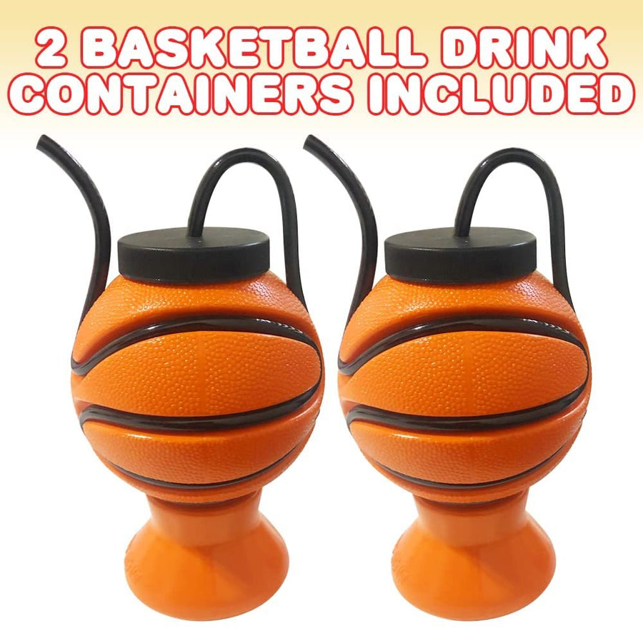 Basketball Water Bottles with Straws, Set of 2, Basketball Sports Water Bottle for Kids with Wrap-Around Straws, Basketball Party Favors and Gifts, Unique Basketball Party Decorations