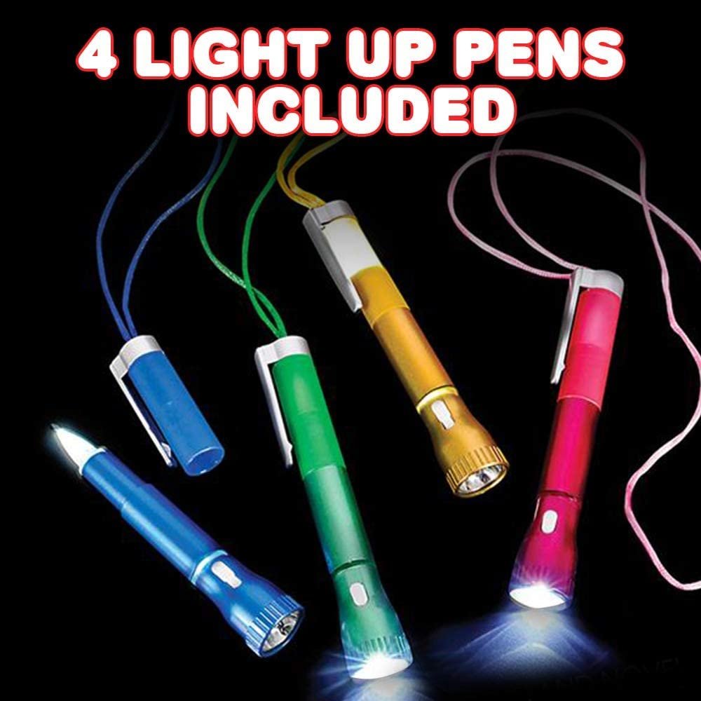 Light Up Pen with Necklace, Set of 4 Flashlight Pens for Kids, Back to School Stationery Supplies, Light-Up Toy Party Favors, Stocking Stuffers, Classroom Gifts