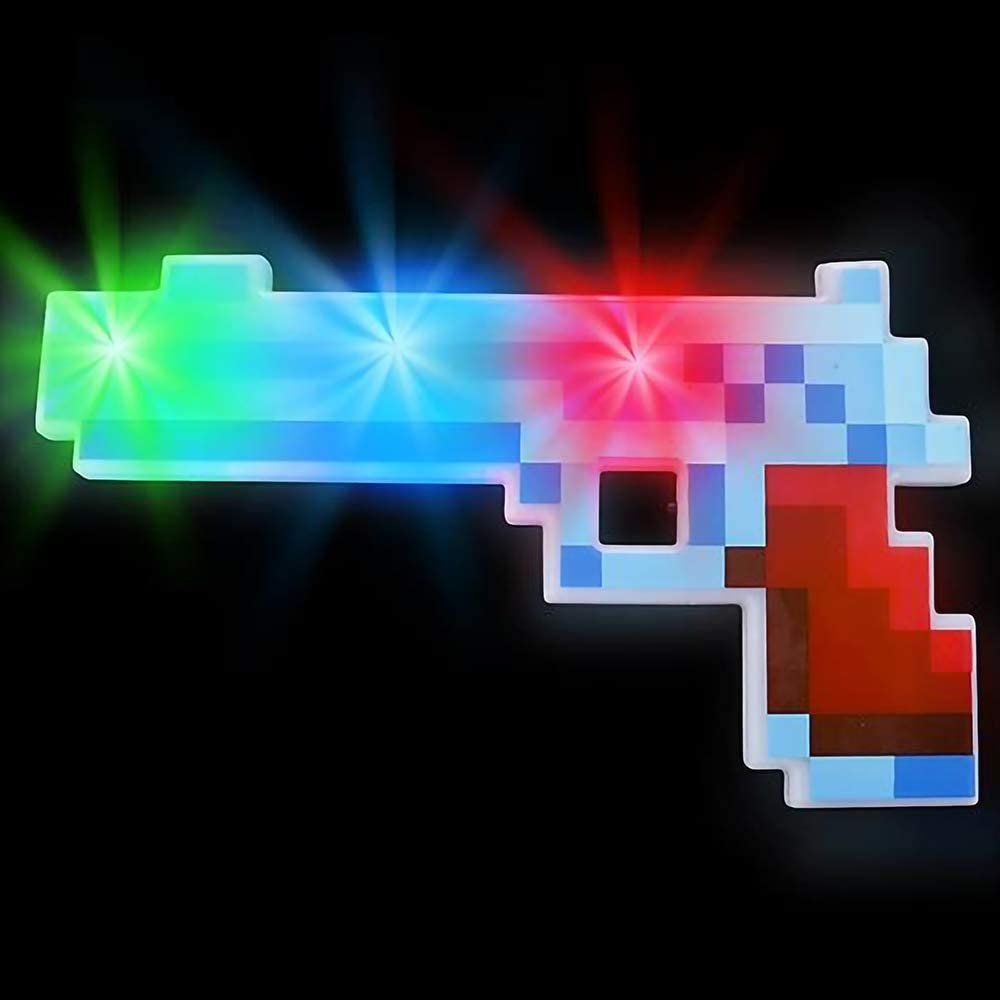 10" Light Up Pixel Pistol Toy with Flashing LEDs - Cool Retro Pixelated Plastic Pistol - Video Game Party Supplies - Unique Kids Easter Basket Stuffers Gift - Batteries Included