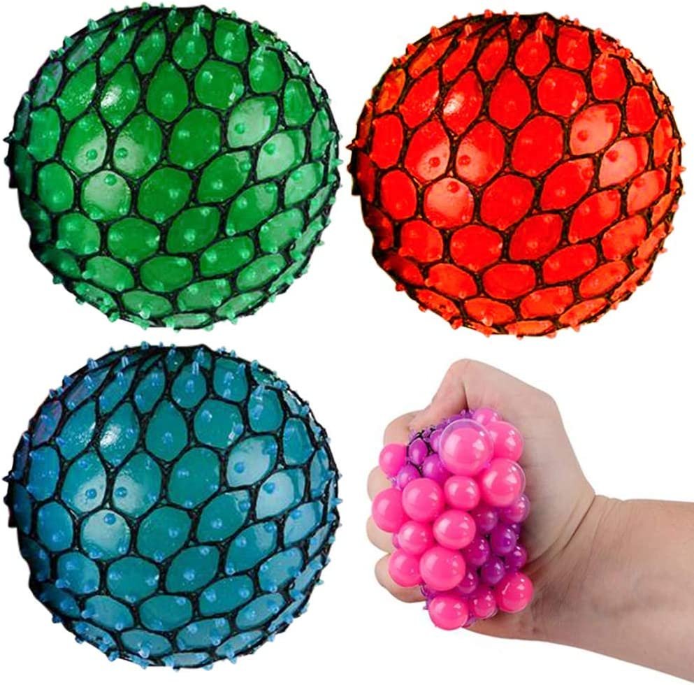 Mesh Squeeze Neon Balls for Kids, Set of 4, Squeeze Toys in Assorted Neon Colors for Anxiety Relief & ADHD - Birthday Party Favors, Goodie Bag Fillers, Treasure Box Prizes for Classroom
