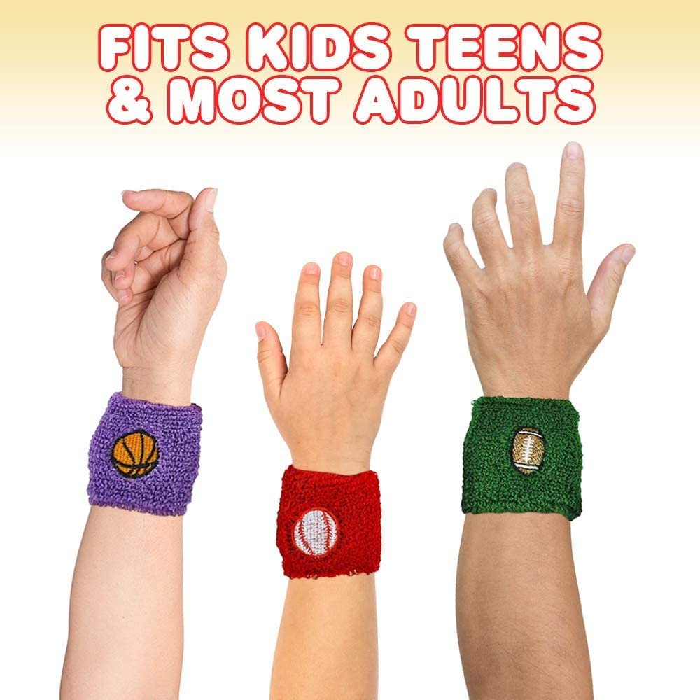 Sports Ball Wrist Sweatbands, Set of 12 Sporty Wristbands in Assorted Colors with Soccer, Basketball, Baseball, & Football Designs, Sports Themed Party Favors, Goodie Bag Filler for Kids