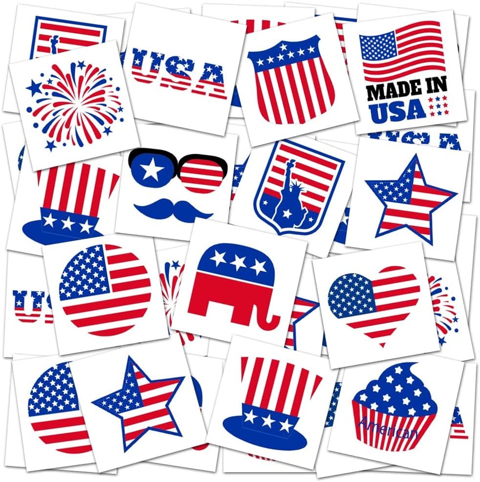 ArtCreativity Patriotic Tattoos for Kids, Bulk Pack of 144, July 4th Party Favors, Non-Toxic 1.5 Inch Temporary Tats, Red, White, and Blue Accessories for Memorial, Veterans Day, Assorted Designs