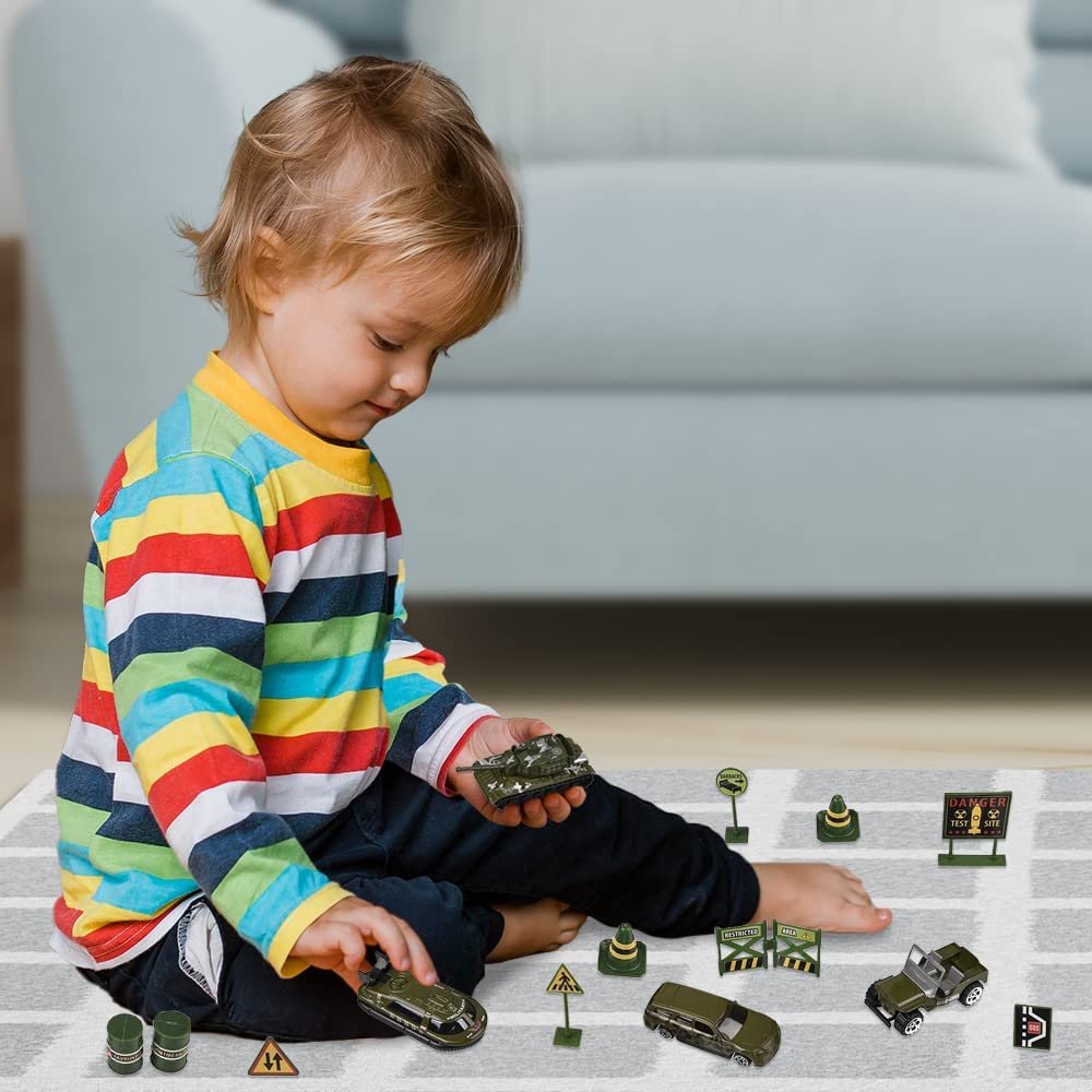 Diecast Military Playset for Kids, 15-Piece Set with Army Trucks, Signs, Gas Cans and More, Imagination-Sparking Army Toys for Boys and Girls, Durable Army Truck Playset