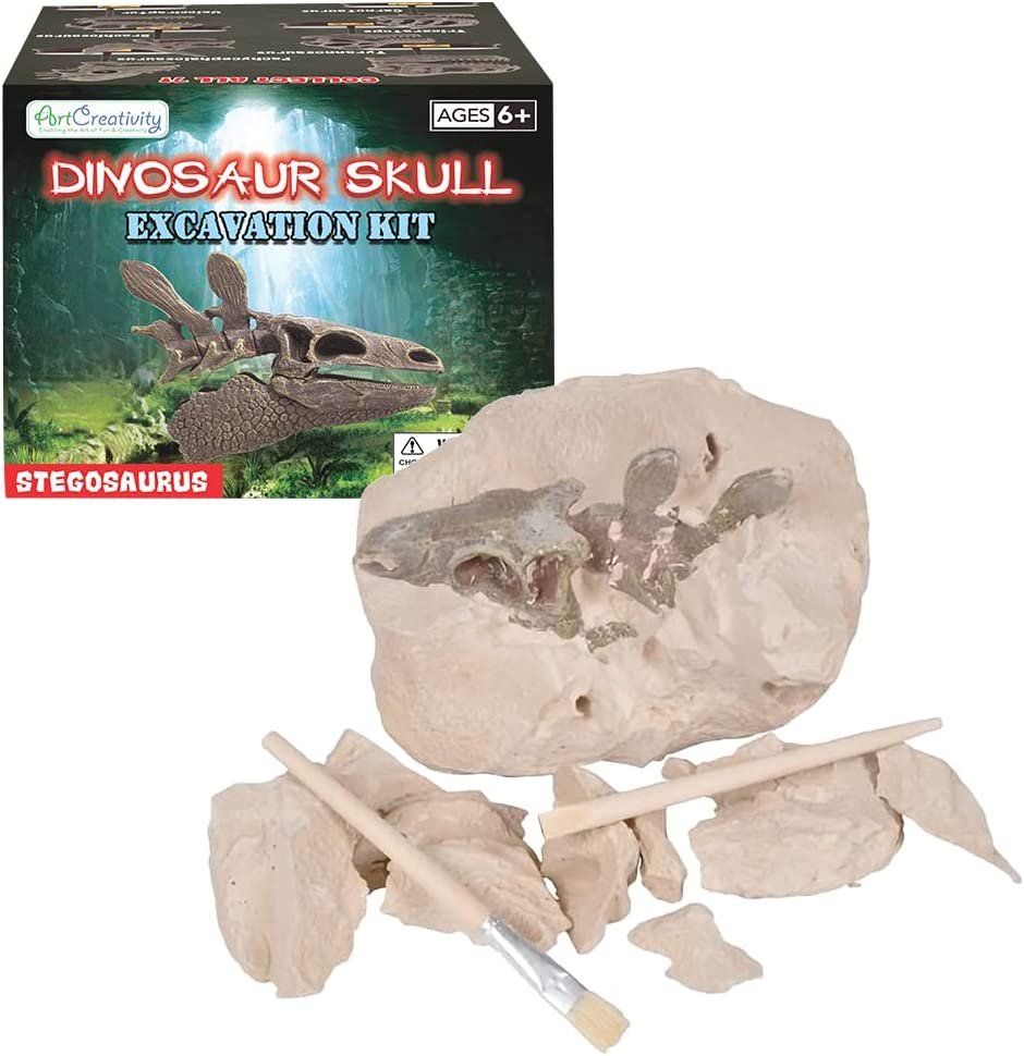 Dinosaur Excavation Kit for Kids, 5.5” Stegosaurus Skull Excavating Set with Fossil Digging Tools and Stand, Fun Science Activity Toy, Educational Dinosaur Gift for Boys and Girls