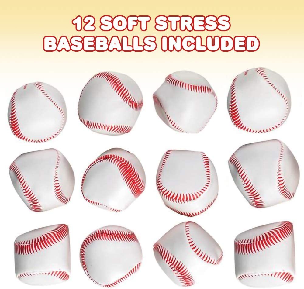 ArtCreativity Soft Stuff Stress Relief Baseballs for Kids, Set of 12, Sports Squeezable Anxiety Relief Balls, Gift Idea, Party Favors, Goodie Bag Fillers for Boys and Girls