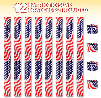 ArtCreativity Patriotic Slap Bracelets for Kids, Set of 12, Stars and Stripes Slap Wrist Bands, July 4th Party Favors for Kids, Red, White, and Blue Accessories for Memorial and Veterans Day
