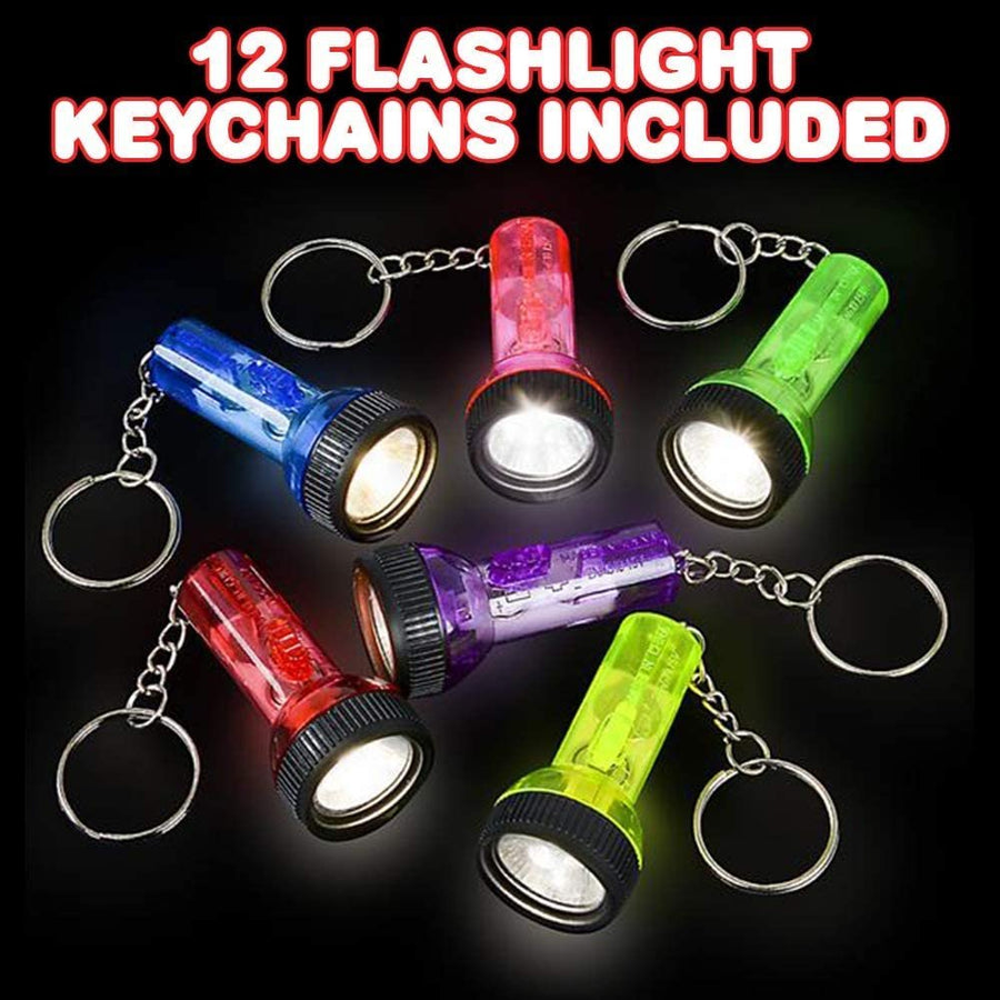 Flashlight Keychains, Pack of 12, LED Key Chains for Kids in Assorted Colors, 2.25" Durable Plastic Keyholders, Birthday Party Favors, Goodie Bag Fillers