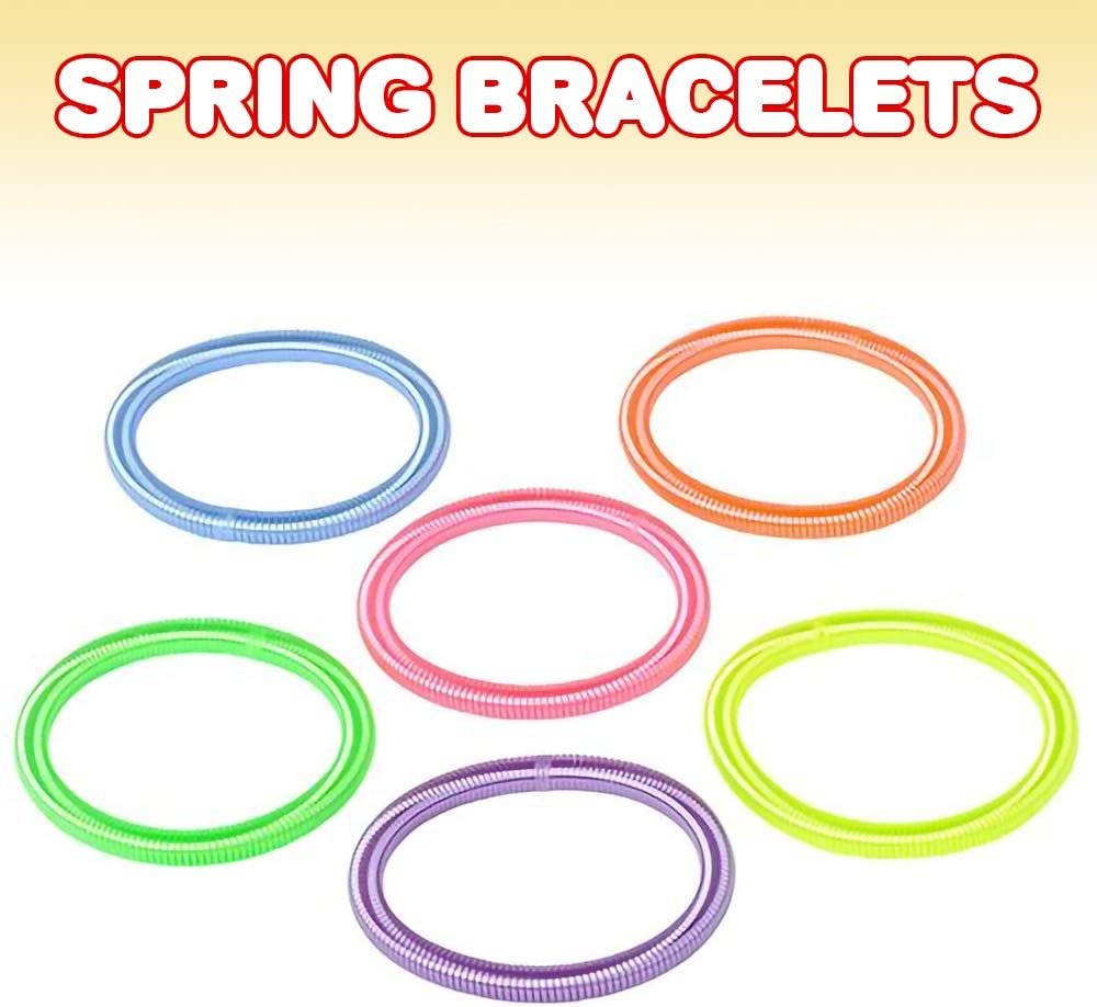 Spring Bracelets - Pack of 12 Elastic Plastic Wristbands in Assorted Neon Colors - Fun Party Favor, Carnival Prize - Amazing Gift for kids, adults