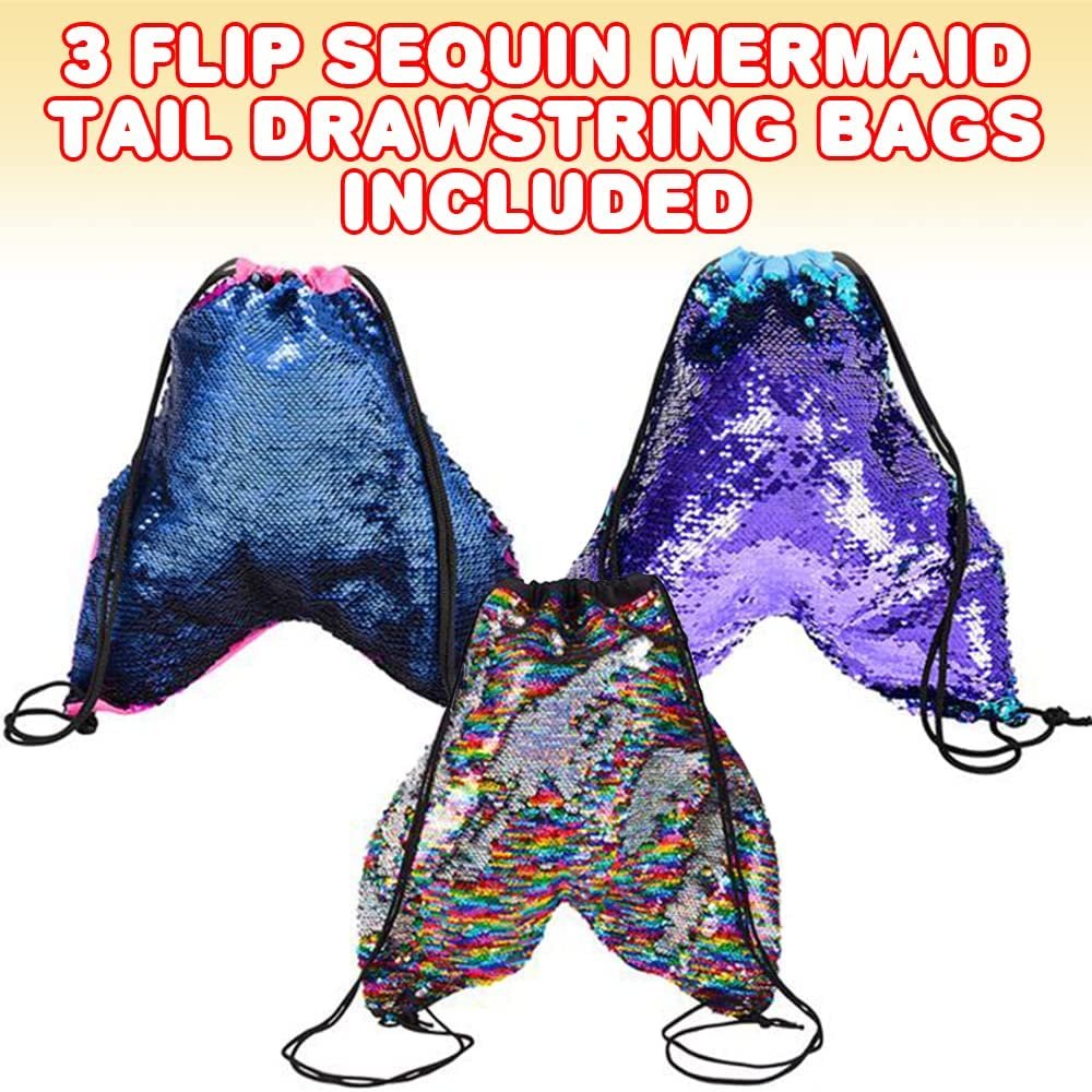 Flip Sequin Mermaid Tail Bags, Set of 3, Mermaid Tail Drawstring Bags with Color-Changing Sequins, Mermaid Gifts for Girls and Boys, Mermaid Party Favors and Goodie Bag Stuffers