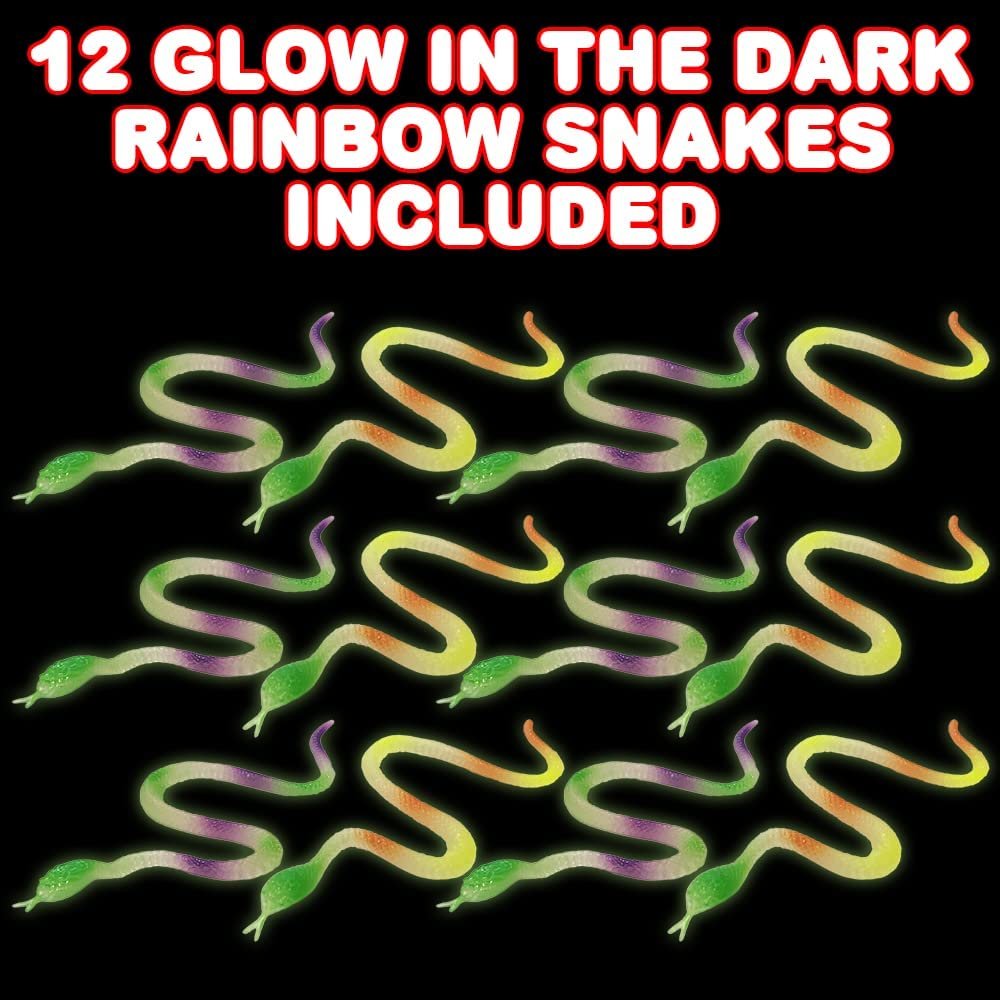 Glow in the Dark Rainbow Snake Toys, Set of 12, Cool Glowing Toys for Boys and Girls, Glowing Birthday Party Favors and Goodie Bag Stuffers for Kids