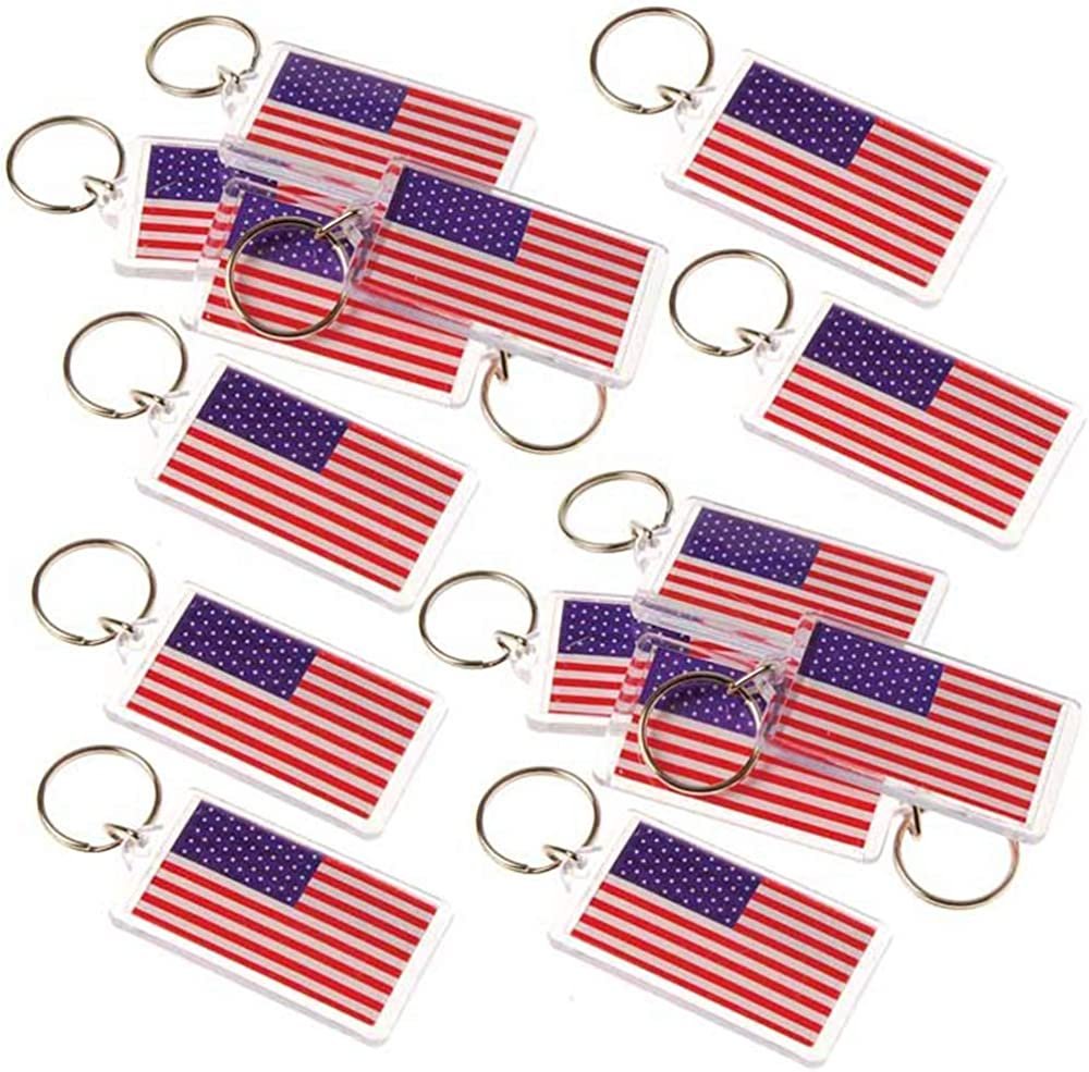 Set of 12 American Flag Keychains, 4th of July Party Favors, Double Sided USA Flag Key Chains for Independence, Memorial, and Veterans Day, Red, White, and Blue Patriotic Accessories