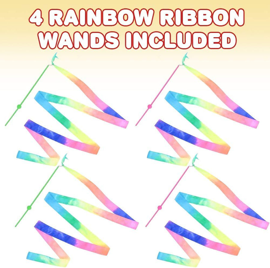 Rainbow Dance Ribbon Streamers for Kids, Set of 4, Twirling Ribbons for Dancing, Marching Band, Exercise, Pretend Play, Gymnastics Party Favors, Dance Party Decorations