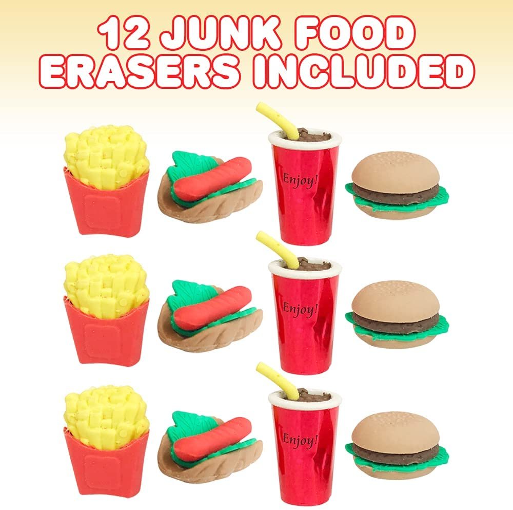 Pull Apart 3D Junk Food Erasers, Set of 12, Mini Assorted Food Erasers for Kids, Back to School Supplies for Boys and Girls, Birthday Party Favors and Goodie Bag Fillers