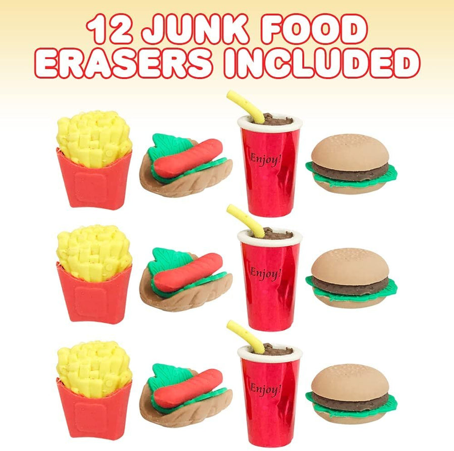 Pull Apart 3D Junk Food Erasers, Set of 12, Mini Assorted Food Erasers for Kids, Back to School Supplies for Boys and Girls, Birthday Party Favors and Goodie Bag Fillers