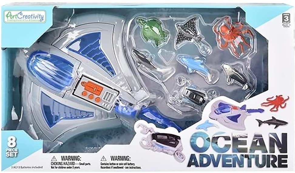 Sting Ray Transporter Set, Includes 1 Stingray Toy with Sounds and 7 Sea Creatures, Interactive Ocean Toys for Kids, Sea Animal Toys for Kids and Underwater Party Supplies